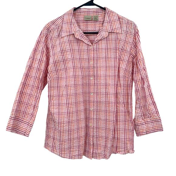 LL Bean Size Large Shirt Pink Orange Plaid Button Up Long Sleeve Outdoors Cotton - Picture 1 of 3